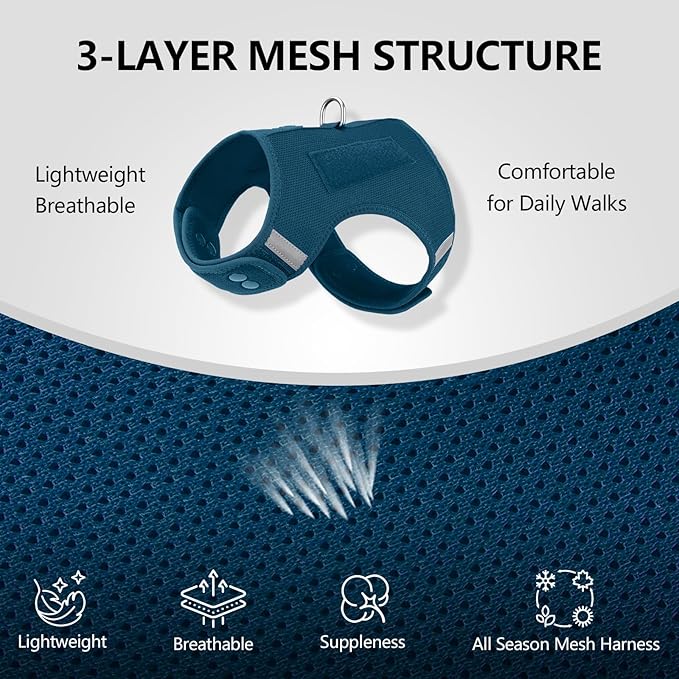 Dog Harness for Puppy – Adjustable Reflective Easy Put On Soft Mesh Vest for Small Dogs with 2 Patches (Prussian Blue,M)