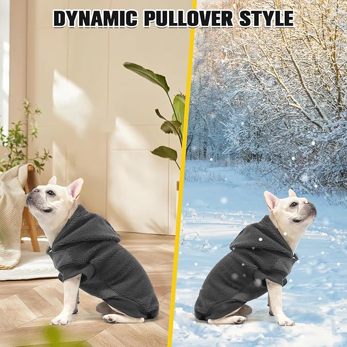 BINGPET Dog Hoodie Dog Sweater with Leash Hole, Warm Fleece Dog Sweatshirt with Hood, Cold Weather Dog Clothes Winter Coat for Puppy Small Medium Large Dogs Boy and Girl(Grey,SM)