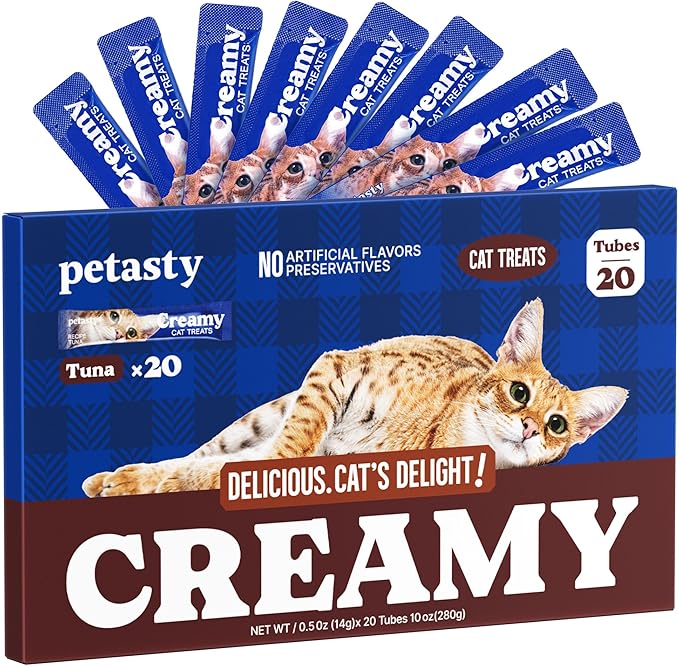PETASTY Lickable Cat Treats, High Moisture Hydrating Creamy Puree Squeeze Tubes, Tuna Flavor, 20 Tubes 0.5oz, Grain-Free, Omega Oils & Vitamin E, Skin & Coat Health, Digestive and Immune Support