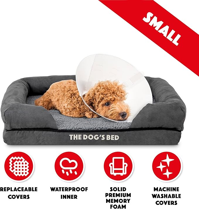 The Dog’s Bed, Small Plush Grey, Memory Foam, Pain Relief: Arthritis, Hip & Elbow Dysplasia, Post Surgery, Lameness, Supportive, Calming, Waterproof Washable Cover