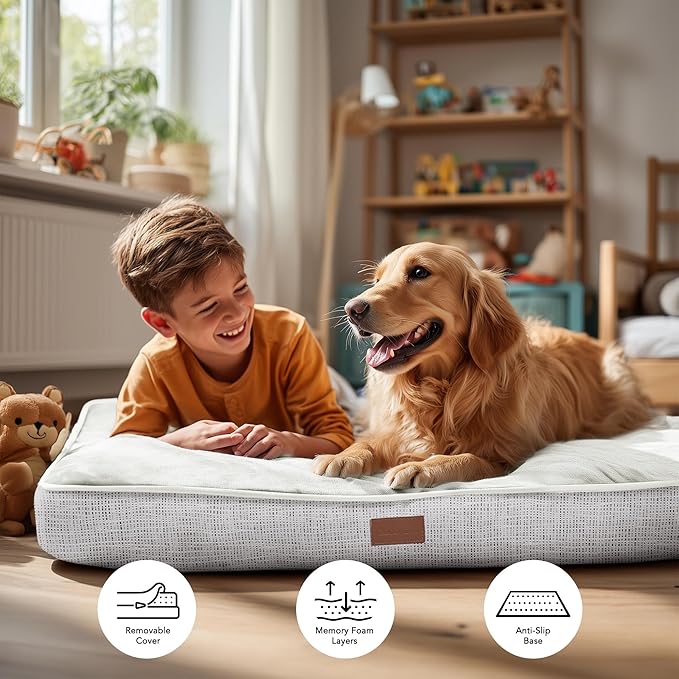 Deconovo Orthopedic Dog Bed for Medium & Large Dogs – Supportive Memory Foam with Washable Cover, Non-Slip Base – Comfort for Senior, Arthritic & Active Pets, White, 30" Lx20 Wx3 Th