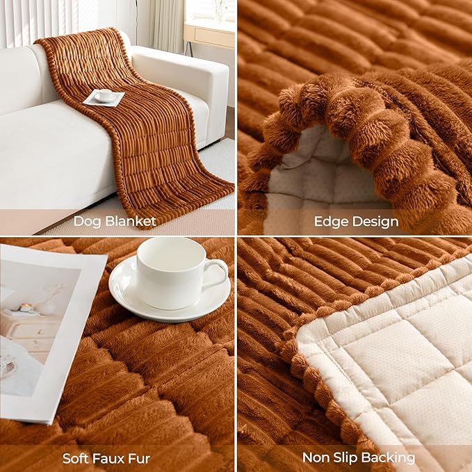 Faux Fur Plush Dog Couch Cover 3D Stripe Fuzzy Sofa Cover Non-Slip Fluffy Dog Bed Cover Pet Blanket Sofa Couch Furniture Protector for Puppy Large Dog Cat (Brown,28"x82")