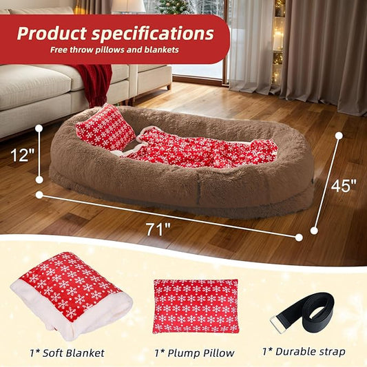 Human Dog Bed: 71''x45''x12'' Size, Washable Faux Fur, Orthopedic - Brown