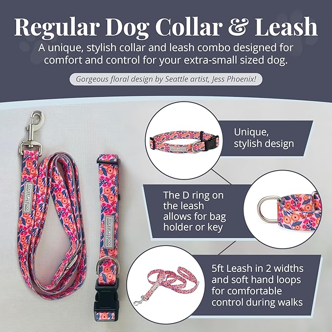 Lucky Love Dog - Easy Click Buckle Dog Collar with Leash Set Combo, Durable & Comfortable for Male & Female Dogs, Pet Collar for Small to Large Dogs, Secure Fit - Floral Rosie Combo, X-Small