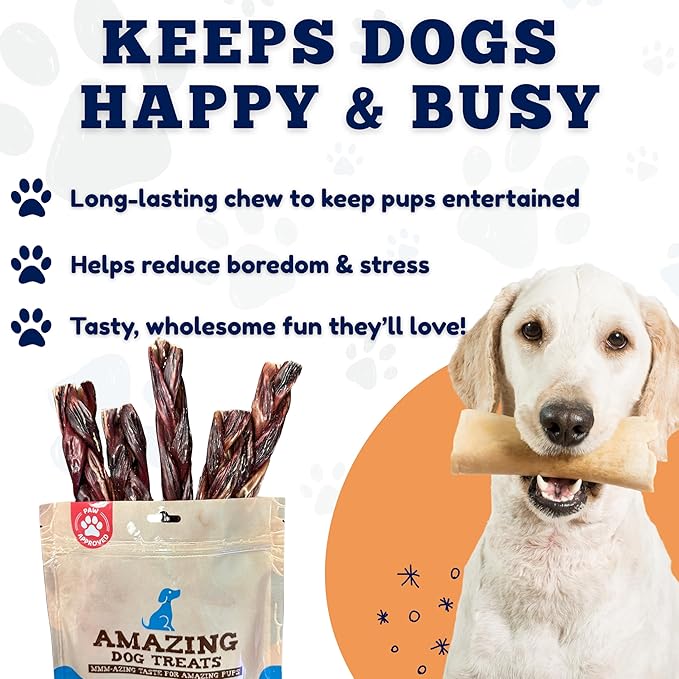 Amazing Dog Treats - 6 Inch Braided Gullet Stick (8 Pc/Pack) - Dog Jerky Treats - Beef Esophagus -Gullet for Dogs - Beef Esophagus Dog Treats