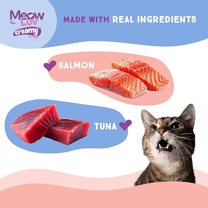 Ultra Chewy Meow Luv Salmon and Tuna Lickable Cat Treats - Delicious Squeezable Cat Treats - Carrageenan Free - No Artificial Preservatives - Irresistible Snack - 0.5 Ounce Tubes (Pack of 8)