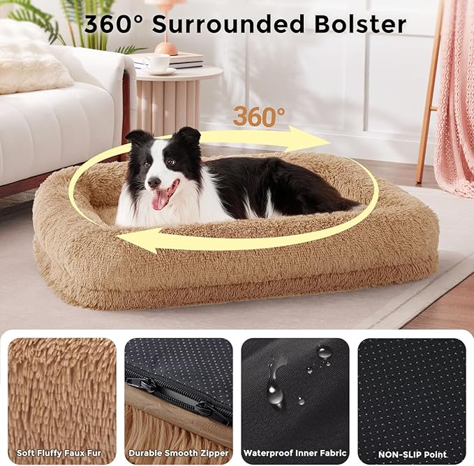 Extra Large Dog Bed - XL Dog Bed with Washable Removable Cover, Fluffy Waterproof Pet Sofa with Supportive Egg Foam and Nonskid Bottom, Camel