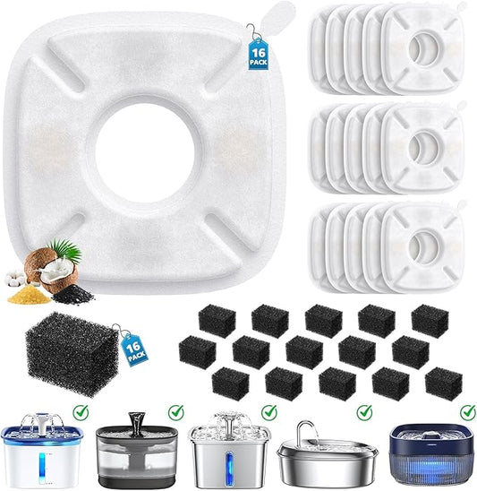 32 Pack Pet Fountain Filters for Veken 95oz/2.8L, 67oz, 85oz, 135oz Dog & Cat Water Fountains, Includes 16 Pcs Filter Replacements & 16 Pcs Pre-Filter Sponges
