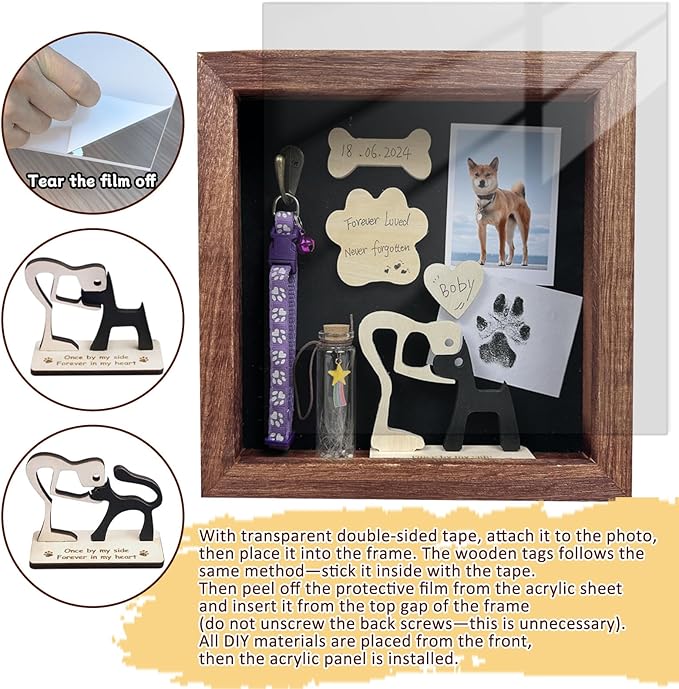 Dog Memorial Shadow Box Gift Pet Memory Display Case Wooden Picture Frame Pet Paw Ink Kit Glass Fur Jar Pets Keepsake Holder for Passed Away Dogs Cats idea Gifts for Pet Lover (Brown Dog Frame)