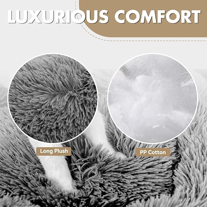 Athena Collection Washable Small Dog Bed, Cat Bed for Indoor Cats, 24 Inches Fluffy Faux Fur Round Pet Bed Calming Cozy Soft Warming Donut for Small Dog Puppy Kitten, Grey