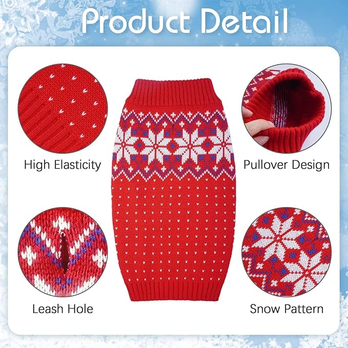 Kuoser Dog Christmas Sweater, Soft Warm Xmas Sweaters for Small Medium Large Dogs Boy Girl, Comfortable Dog Sweater with Leash Hole Snowflake Puppy Knit Outfit for Holiday Winter Fall, Red L