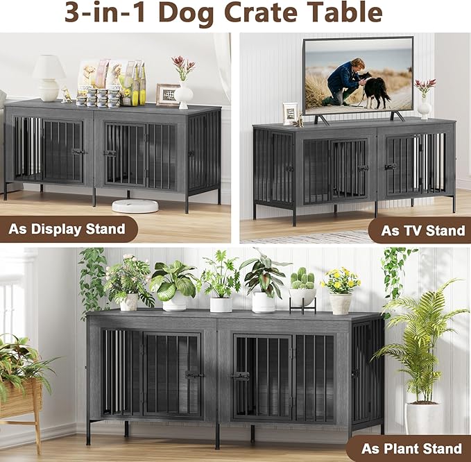 EasyCom Dog Crate Furniture for 1 or 2 Dogs, Heavy Duty Single/Double Dog Crates for Small/Medium/Large Dogs, Dog Kennel Furniture Indoor as TV Stand, Small Size 55.12" L(0-20 Pounds), Oak Grey