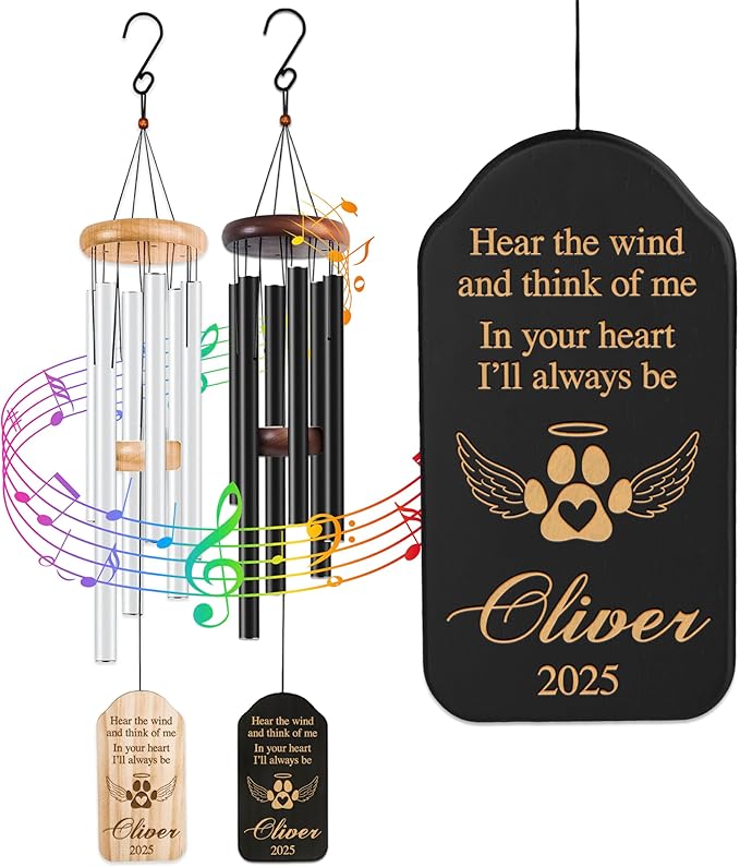 Personalized Dog Memorial Gifts for Loss of Dog Wind Chime w/Name & Date, Hear The Wind and Think of Me - Sympathy Gifts - 37" Custom Engraved Pet Memorial Wind Chime Gift - Black Color, D4