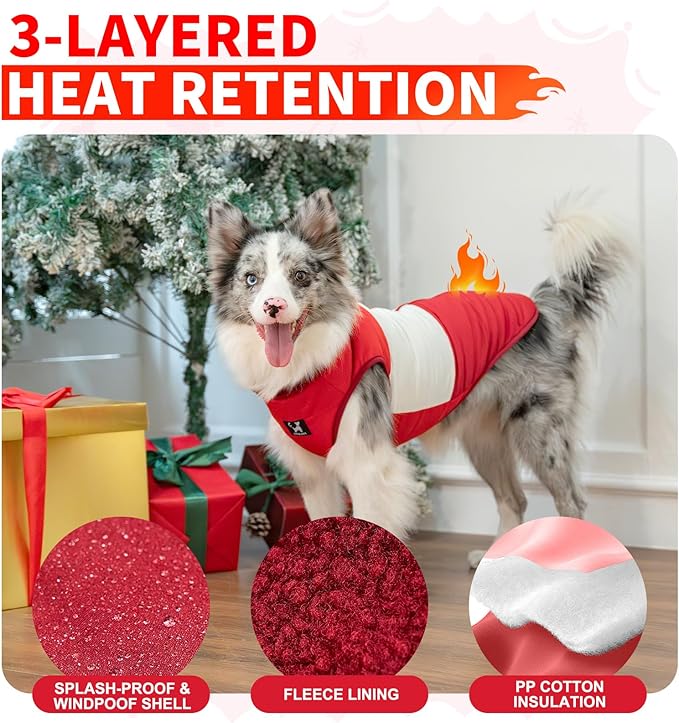 Reversible Dog Winter Coat, Waterproof Warm Fleece Sweater Windproof Lightweight Pet Snow Jacket for Medium Large Dogs with Double Ended Zipper, Cold Weather Dog Coat,Christmas Red, S