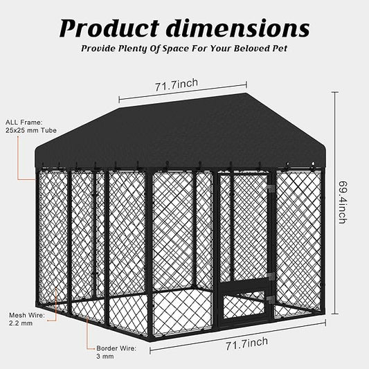 6x6FT Heavy Duty Outdoor Dog Kennel with Roof – Large Dog Enclosure & Weatherproof Dog House, Secure Metal Fence Playpen with Double Lock & Feeding Swivel Door for Big Dogs