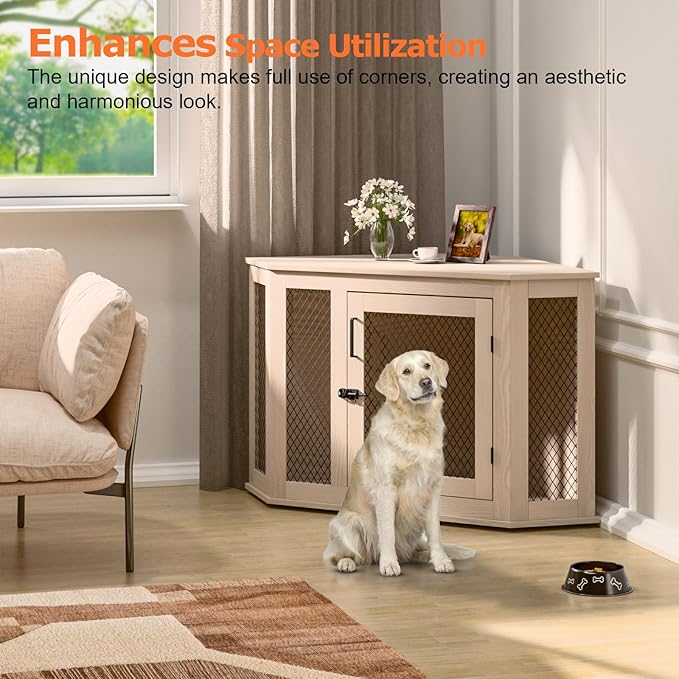 Corner Dog Crate Furniture, 52" Wooden Dog Kennel Furniture End Table with Mesh, Dog Kennel Indoor Furniture for Small Medium Large Dogs, Modern Decorative Wood Pet House Dog Cage Crate, White