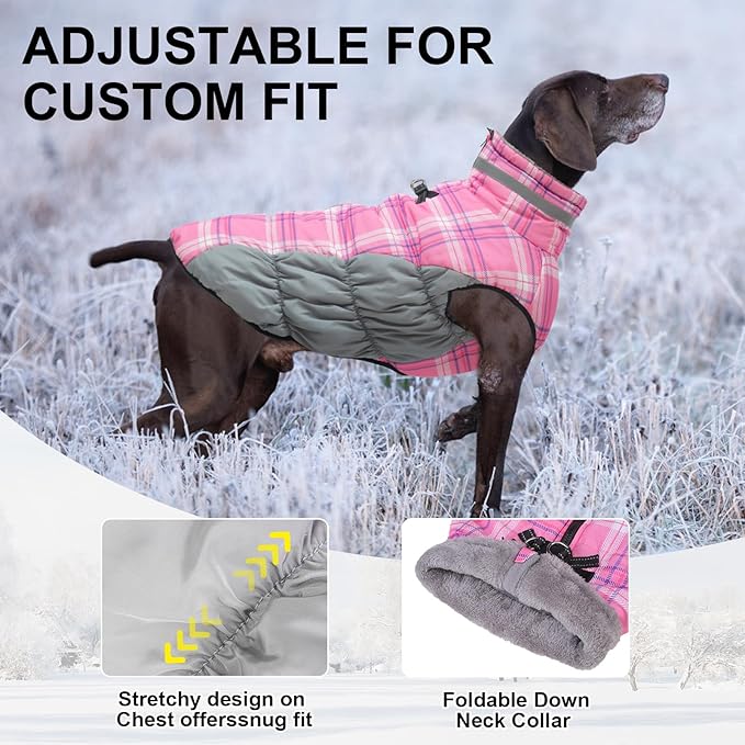 BEAUTYZOO Dog Winter Coat with Harness Built in, Reflective Plaid Puffer Vest Waterproof for X-Small Dogs, Fleece Warm Puppy Zipped Jacket with D Ring, Pet Cold Weather Sweater Clothes, Pink XS
