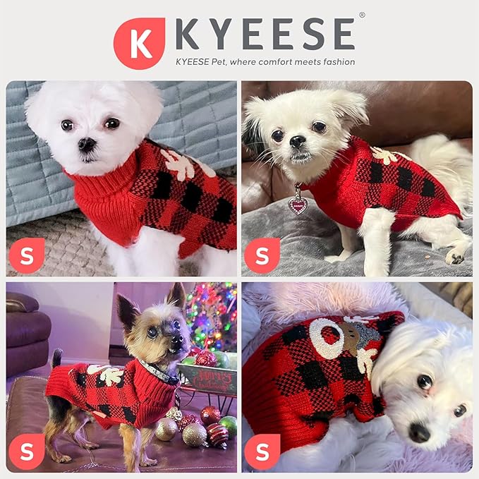KYEESE Dog Christmas Sweater with Reindeer Pattern Cozy Winter Outfit Boy Girl Red Buffalo Plaid Knitwear Turtleneck Dog Sweater for Small Dogs with Leash Hole Soft Warm Pet Clothes, Small