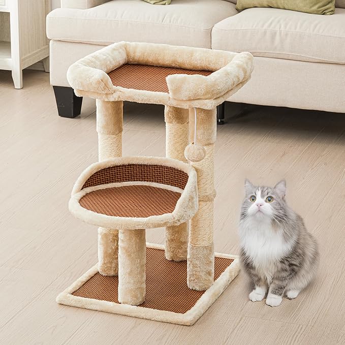 Multi-Level Cat Tower with Scratching Posts, Cat Tree with Double Cat Bed & Hanging Toys, Cute Climbing Tower with Sisal Scratcher for Kittens & Adult Cats, Cream White