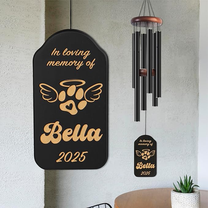 Personalized Dog Memorial Gifts for Loss of Dog Wind Chime w/Name & Date, in Loving Memory - Sympathy Gifts - 37" Custom Engraved Pet Memorial Wind Chime Gift - Black Color, D1