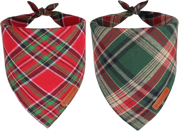 ADOGGYGO Christmas Dog Bandanas 2 Pack, Premium Cotton Fabric, Red Green Plaid Xmas Pet Scarf, Christmas Bandanas for Extra Large Dogs (X-Large)