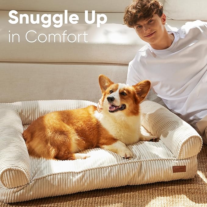 FUKUMARU Cute Dog Bed, Waterproof Corduroy Dogs Couch, 36in Orthopedic Pet Sofa for Medium to Large Dogs Dog, Warm Cotton Pet Bed with Washable Cover, Large, Cream