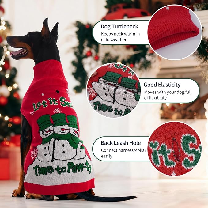 IECOii Christmas Dog Sweater for Large Dogs Girl Boy, Xmas Dog Turtleneck with Leash Hole, Sleeveless Easy On Festive Dogs Sweater Holiday Snowman Snowflake Pattern for Christmas Photos, Red, XXL