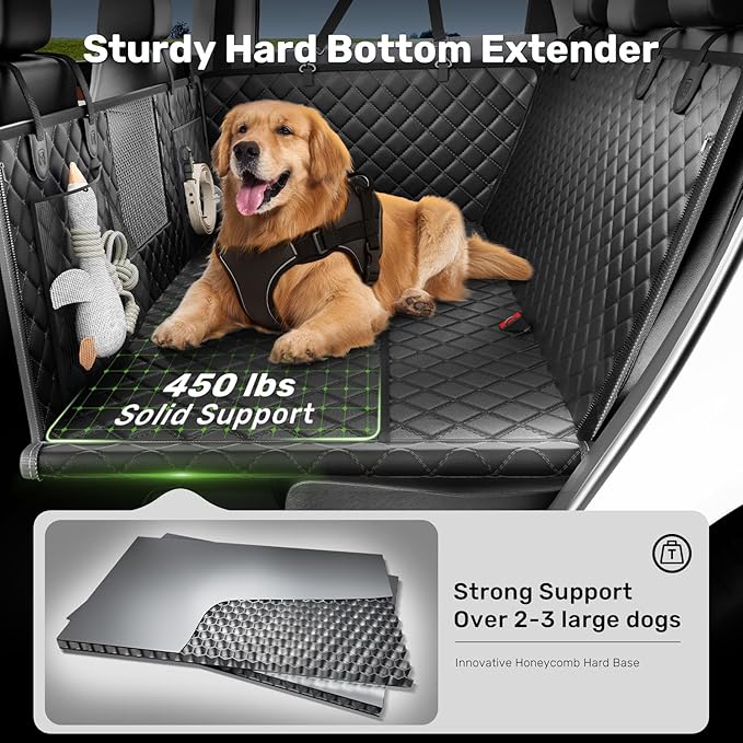 Zanch Heavy-Duty Dog Car Seat Cover, Flat Solid Back Seat Extender for Multi Large Dogs, Hard-Base Supports 450 lb, Waterproof Scrachproof Hammock Protector, Standard for Cars, SUV, Trucks, Green
