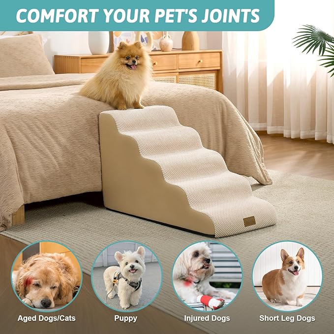 Dog Stairs for Small Dogs 19.7" H, 5-Step Slope Dog Steps for Bed, Couch or Chair, Sturdy Pet Ramp for Puppy, Older Cat, Pet Ladder with High Density Foam, 15.7x33x19.7 inch, Beige