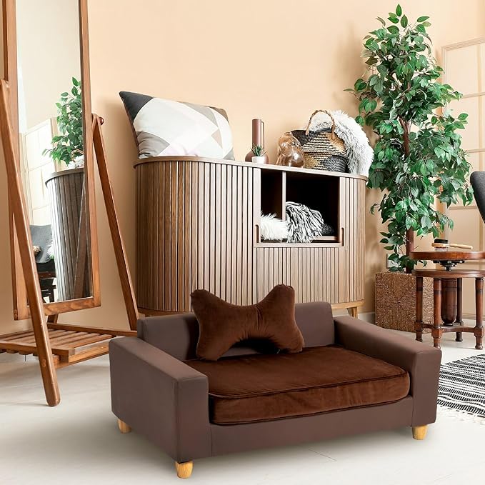 CRITTER SITTERS 43” Faux Leather Ped Bed in Brown, Durable Washable Sofa Couch for Large Cats & Dogs, Must Have Essential Furniture Accessory for Kittens & Puppies