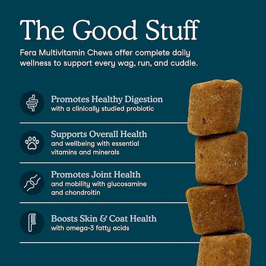 Fera Pets Dog Multivitamin Chews with Glucosamine and Probiotics - Essential Dog Vitamins & Minerals - Promotes Healthy Digestion & Joints - Boosts Skin & Coat Health with Omega-3s - 90 Soft Chews