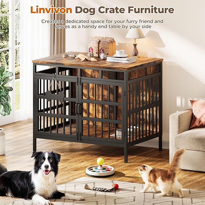 39 Inch Dog Crate Furniture, Heavy Duty Dog Kennel for Small Medium Large Dogs, Double Doors Indoor Decor Pet House Cage, Anti Escape Wooden Dog Cage with Name Tag End Table, TV Stand, Brown