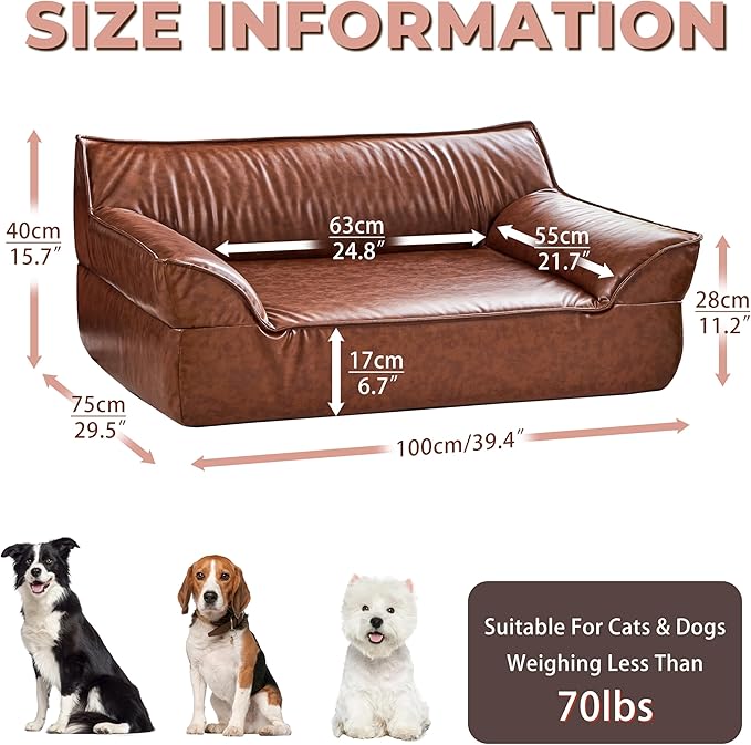 Brown Leather Dog Couch Bed for Small Dogs Under 50 lbs, 31.5 Inch Mid-Century Modern Elevated Dog Sofa Indoor Furniture Style Pet Sofa Bed (Large)