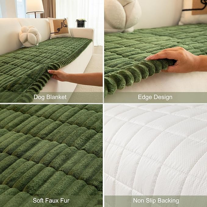 Christmas Faux Fur Plush Dog Couch Cover, 3D Stripe Fuzzy Sofa Covers, Non-Slip Fluffy Dog Bed Cover Pet Blanket, Washable Furniture Protector for Puppy Cat (Dark Green,35"x70")