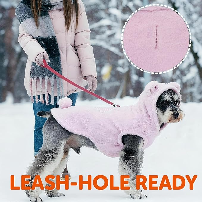 FOFOS Dog Winter Coat, Plush Dog Jacket with Leash Hole, Adjustable Warm Pet Snow Vest for Small Medium Dogs, Pink, XL