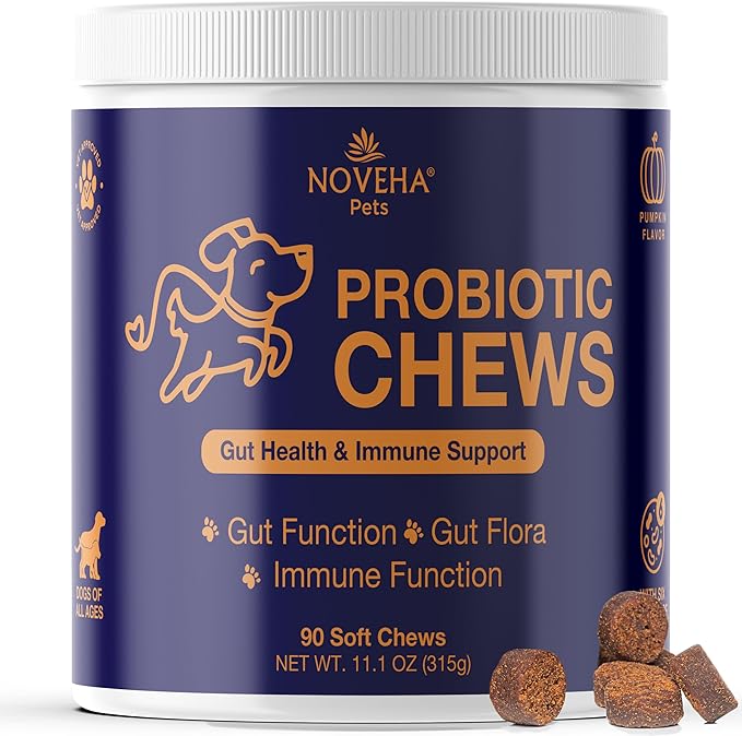 NOVEHA Probiotic Chews for Dogs | Gut Health & Digestive Support | Healthy Skin & Coat | Dog Probiotics for Yeast - Itchy Skin & Itchy Ears | for Dogs with Allergies | 90 Chews (1-Pack)