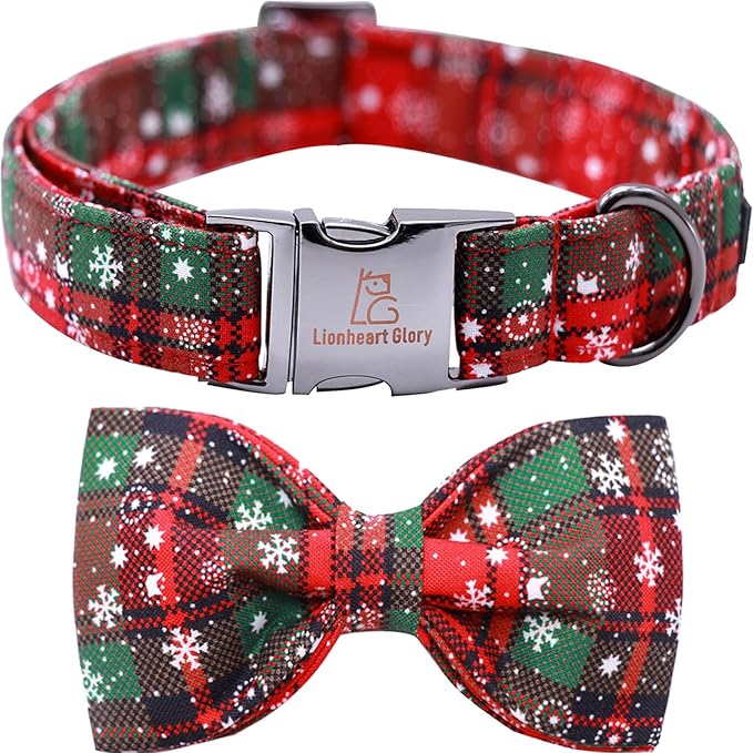 Lionheart glory Christmas Plaid Dog Collar Adjustable Soft Dog Collar with Bowtie, Pet Gift Dog Collars Bow for Small Medium Large Dogs