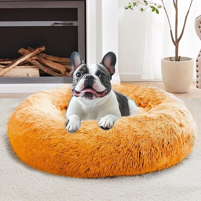 JOLLYVOGUE Small Dog & Cat Beds for Indoor Cats, Donut Cuddler Warming Soft Dog Beds with Anti-Slip Bottom, Round Calming Fluffy Plush Faux Fur Cushion Bed for Small Dogs (23", Orange)