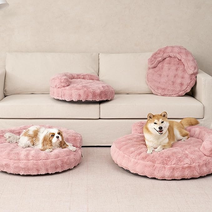 EHEYCIGA Large Dog Bed Sofa – Fluffy Faux Rabbit Fur Pet Couch for Medium and Large Dogs, Washable Removable Cover, Waterproof and Non-Slip, 36 Inch, Pink