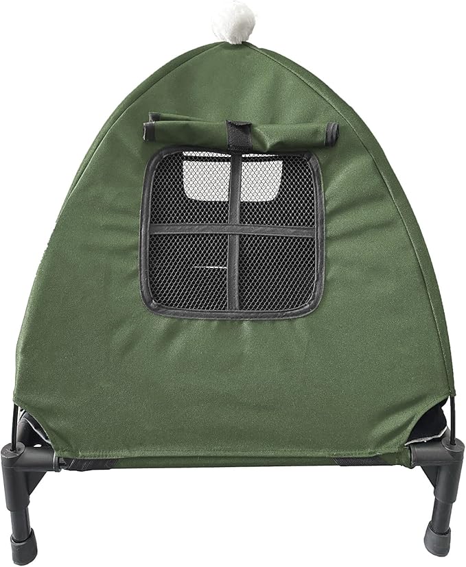 Love&go Elevated Dog Bed with Metal Frame, Cooling Raised Pet Cot for Dog and Cat (S - Olive Green Bed+Mat+Canopy, Small-18.5x18.5x5.5 inch)