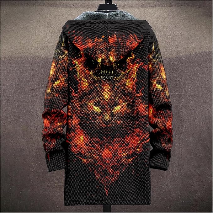 MARSVOVO Cool Hippie Long Cardigan Hoodies for Men Zipper Fleece Lined Knit Coat Skull Animal Print Graphic Jackets