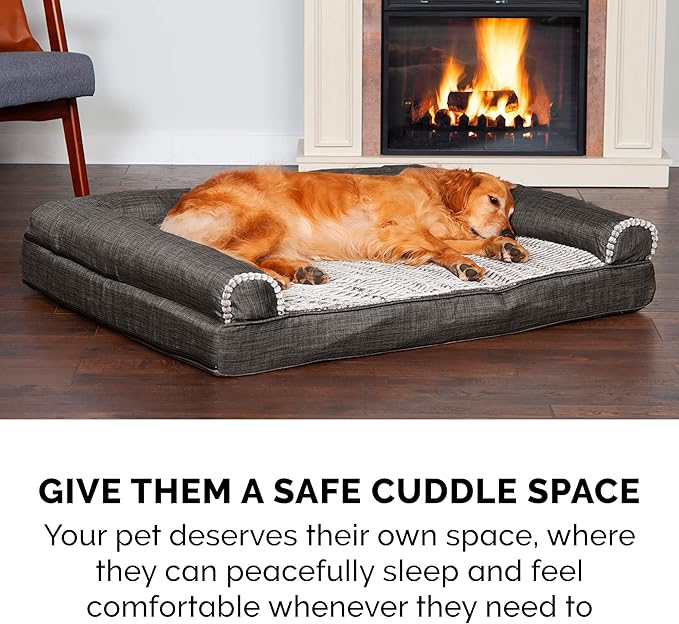 Furhaven Memory Foam Dog Bed for Large/Medium Dogs w/ Removable Bolsters & Washable Cover, For Dogs Up to 55 lbs - Luxe Faux Fur & Performance Linen Sofa - Charcoal, Large