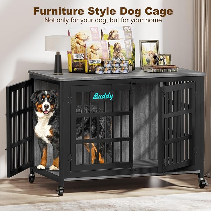 EasyCom 48"/42"/33" Dog Crate Furniture with Name Tag, Heavy Duty Dog Kennel Indoor for Large Dogs, Escape-Proof and Chew-Proof Dog Cage for high Anxiety Dog, Decorate House as TV Stand, End Table