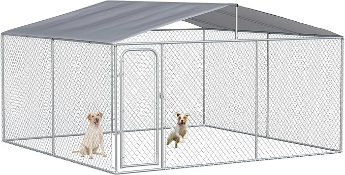 PawHut Outdoor Dog Kennel, Heavy Duty Dog Run Outdoor Fence with Waterproof Cover, Galvanized Chain Link, Secure Lock, for Large Breeds, Chickens, Ducks, 13' x 13' x 7.5'