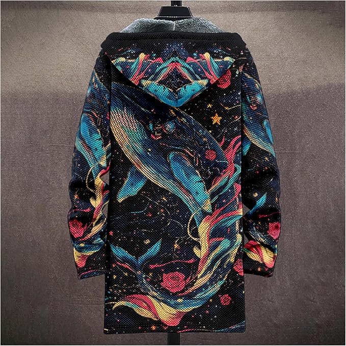 MARSVOVO Cool Hippie Long Cardigan Hoodies for Men Zipper Fleece Lined Knit Coat Skull Animal Print Graphic Jackets