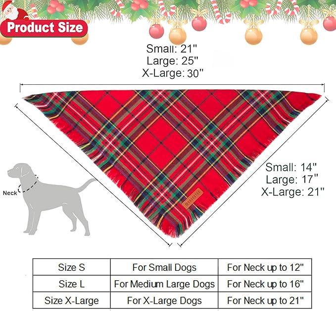 ADOGGYGO 2 Pack Dog Bandana Christmas with Tassels Edges, Stylish Red Green Plaid Puppy Scarf Bibs Kerchief, Premium Cotton Fabric, Pet Christmas Bandanas for Small Dogs (Small)