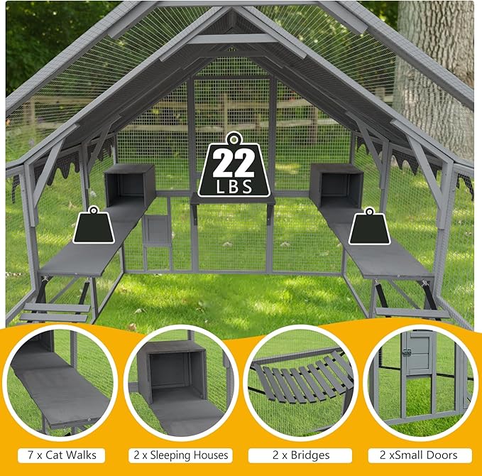 110" Outdoor Cat Catio Enclosure,Cats House Big Wooden Cat Shelter with Platforms,Upgrade Waterproof Cover,Large Spacious Interior,Two Small Sliding Doors,Grey