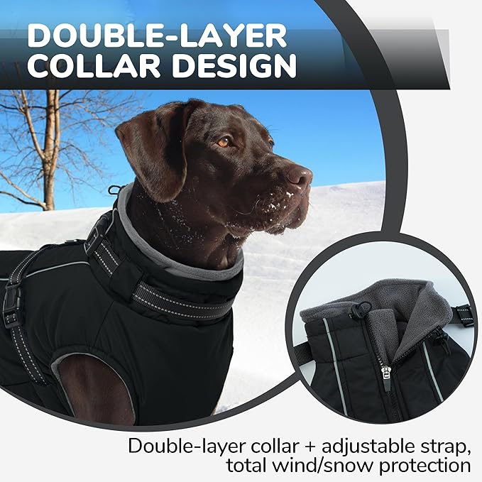 PUMYPOREITY Winter Fleece Coat for Small Dogs, Reflective Dog Jacket with Harness Built in, Waterproof Warm Coat for Dogs, Cold Weather Coats for Outdoor, Therma Windproof Pet Snowsuit, Black,XS