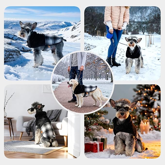 FOFOS Dog Winter Coat, Plush Dog Jacket with Leash Hole, Adjustable Warm Pet Snow Vest for Small Medium Dogs, Black, L