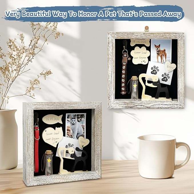 Cat Memorial Shadow Box Gift Pet Memory Display Case Wooden Picture Frame Pet Paw Ink Kit Glass Fur Jar Pets Keepsake Holder for Passed Away Dogs Cats idea Gifts for Pet Lover (White Cat Frame)